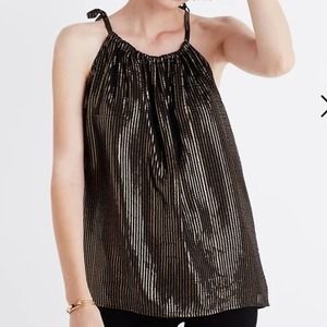 MADEWELL Striped Silk Metallic Cami Top Gold Black 6 Tie Shoulder